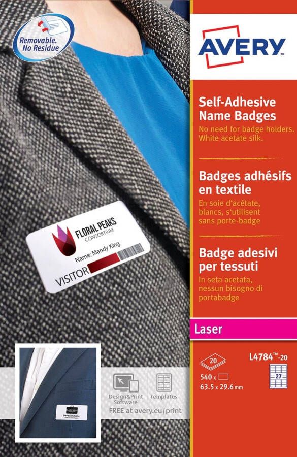 AVERY Zelfklevende naambadges 63 5 x 29 6 mm Laserprinter wit afneembaar L4784-20