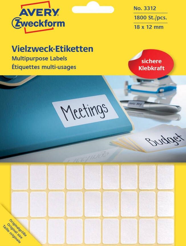 Avery Zweckform 3312 mini etiketten ft 18 x 12 mm (b x h) 1.800 etiketten wit