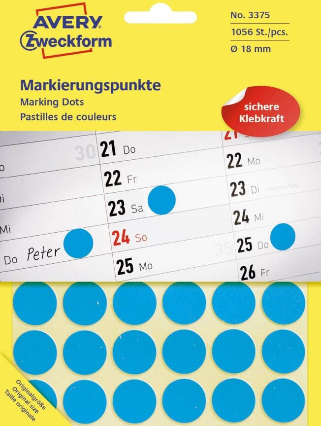 Avery Zweckform 3375 ronde etiketten diameter 18 mm 1.056 etiketten blauw