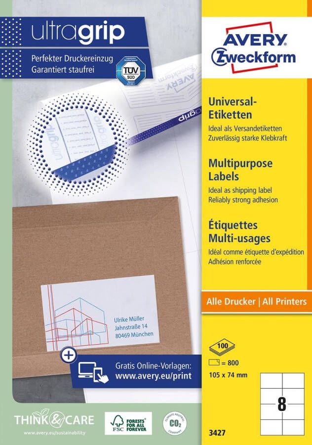 AVERY Universele etiketten 105 x 74 mm wit Inkjetprinter Laserprinter Kopieerapparaat permanent klevend 3427-200