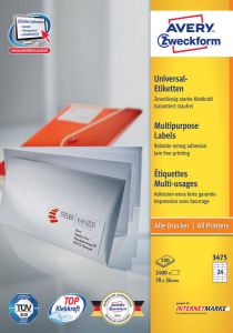 AVERY Universele etiketten 70 x 36 mm wit Inkjetprinter Laserprinter Kopieerapparaat permanent klevend 3475
