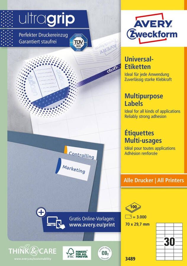 AVERY Universele etiketten 70 x 29 7 mm wit Inkjetprinter Laserprinter Kopieerapparaat permanent klevend 3489