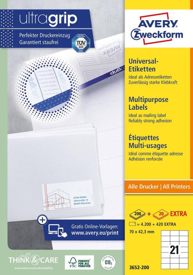 AVERY Universele etiketten 70 x 42 3 mm wit Inkjetprinter Laserprinter Kopieerapparaat permanent klevend 3652-200