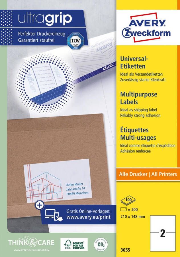 AVERY Universele etiketten 210 x 148 mm wit Inkjetprinter Laserprinter Kopieerapparaat permanent klevend 3655