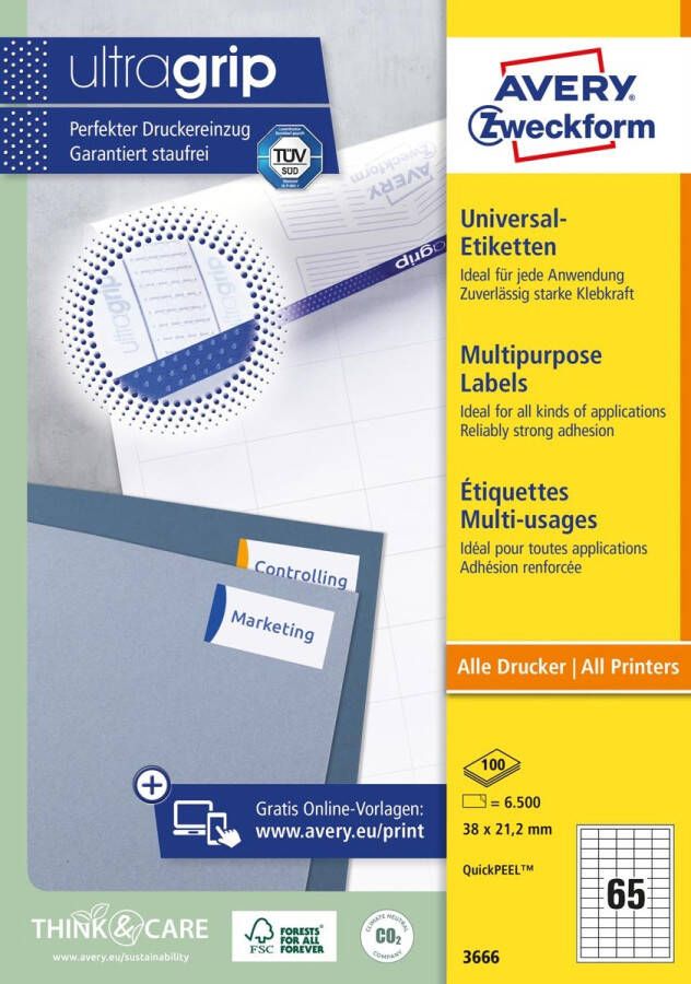 AVERY Universele etiketten 38 x 21 2 mm wit Inkjetprinter Laserprinter Kopieerapparaat permanent klevend 3666