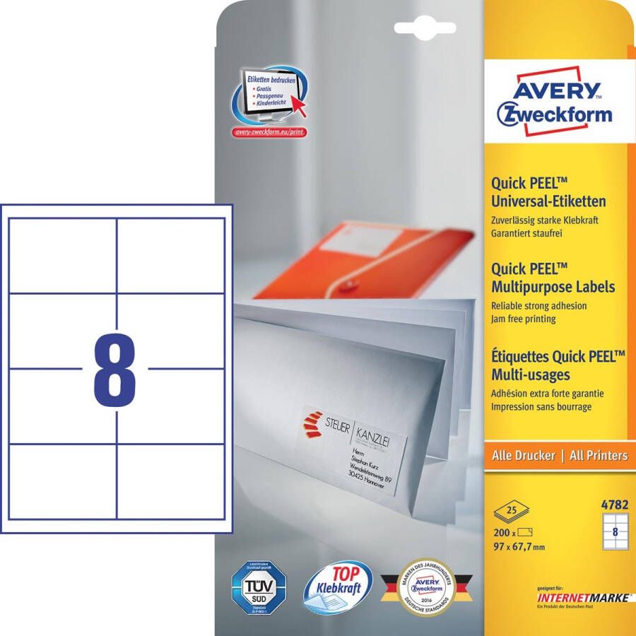 AVERY Universele etiketten 97 x 67 7 mm wit Inkjetprinter Laserprinter Kopieerapparaat permanent klevend 4782