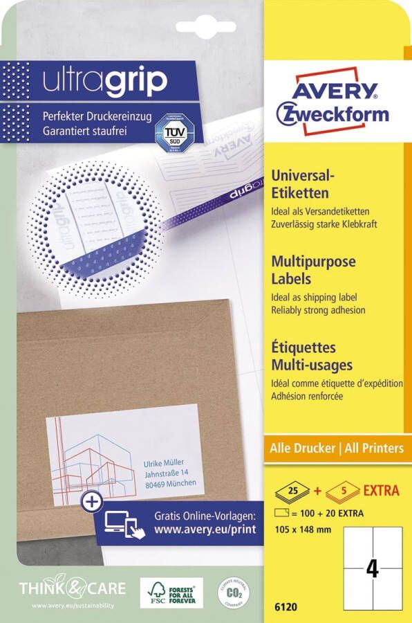 AVERY Universele etiketten 105 x 148 mm wit Inkjetprinter Laserprinter Kopieerapparaat permanent klevend 6120