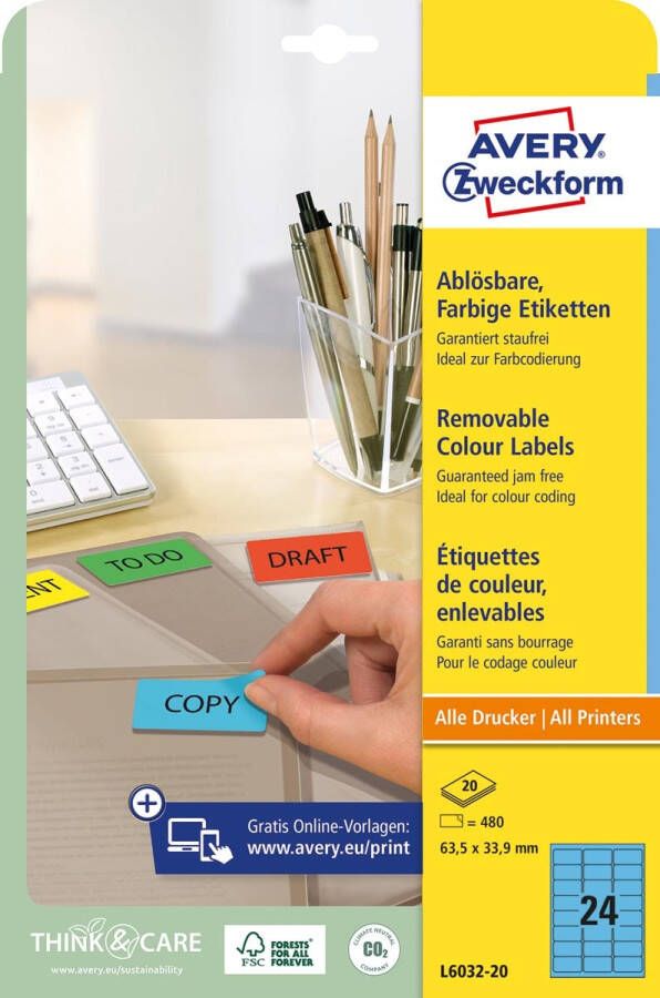 AVERY Gekleurde etiketten 63 5 x 33 9 mm blauw Inkjetprinter Laserprinter Kopieerapparaat afneembaar L6032-20