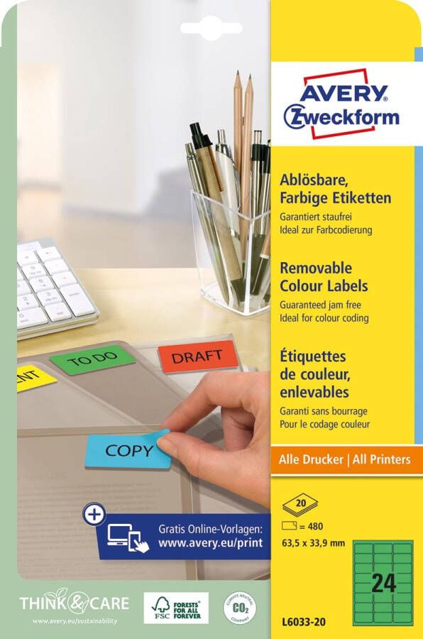 Avery Zweckform Avery afneembare gekleurde etiketten ft 63 5 x 33 9 mm (b x h) 480 stuks 24 per blad groen