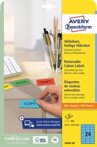 AVERY Gekleurde etiketten 63 5 x 33 9 mm blauw Inkjetprinter Laserprinter Kopieerapparaat afneembaar L6032-20