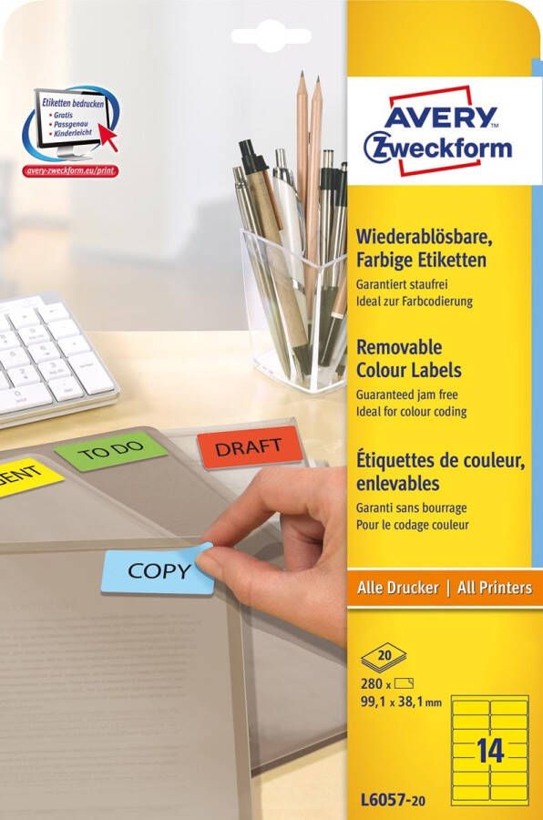 Avery Zweckform Avery afneembare gekleurde etiketten ft 99 1 x 38 1 mm (b x h) 280 stuks 14 per blad geel