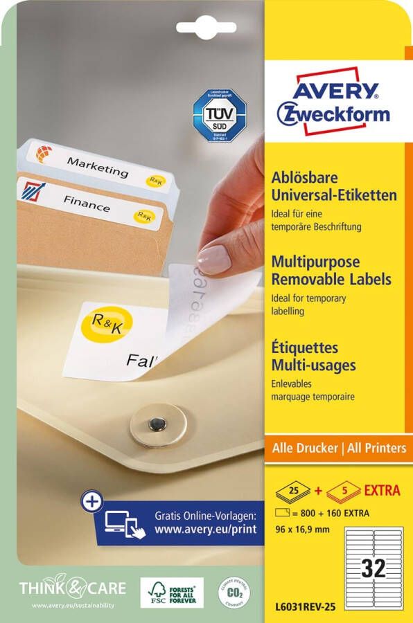 AVERY Afneembare etiketten 96 x 16 9 mm wit Inkjetprinter Laserprinter Kopieerapparaat afneembaar L6031REV-25