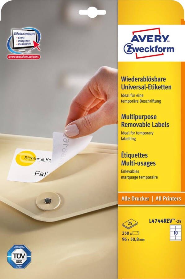 Avery Zweckform Avery afneembare witte etiketten Stick & Lift ft 96 x 50 8 mm 250 stuks 10 per blad