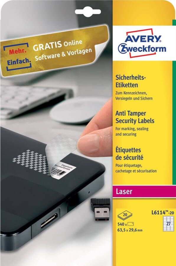 Avery Zweckform Avery bestendige veiligheidsetiketten ft 63 5 x 29 6 mm 540 stuks 27 per vel doos van 20 vel