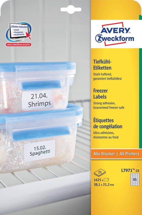 AVERY Diepvriesetiketten 38 1 x 21 2 mm wit Inkjetprinter Laserprinter Kopieerapparaat permanent klevend L7971-25