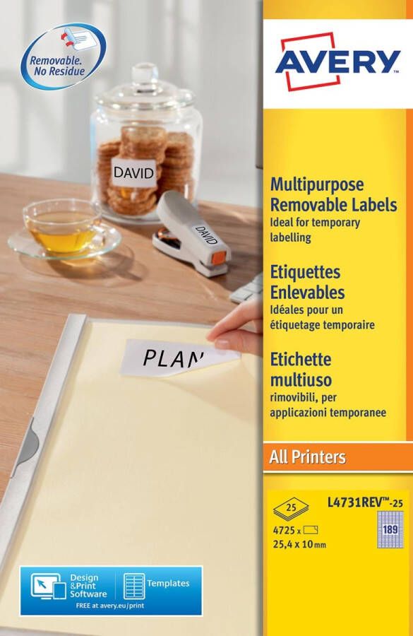 Avery Zweckform Avery L4731REV-25 afneembare etiketten ft 25 4 x 10 mm (b x h) 4.725 etiketten wit