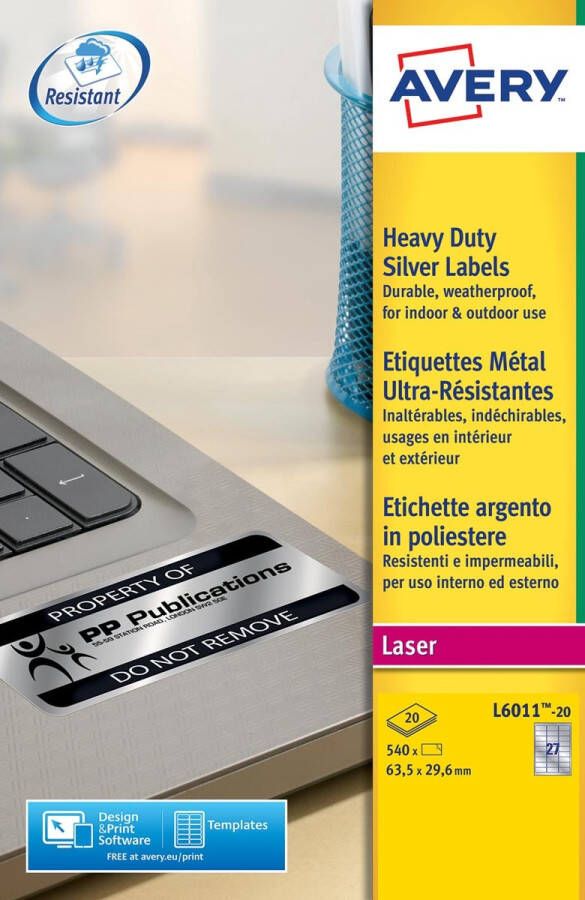 Avery Zweckform Avery L6011-20 ultra-sterke etiketten ft 63 5 x 29 6 mm (b x h) 540 etiketten zilver