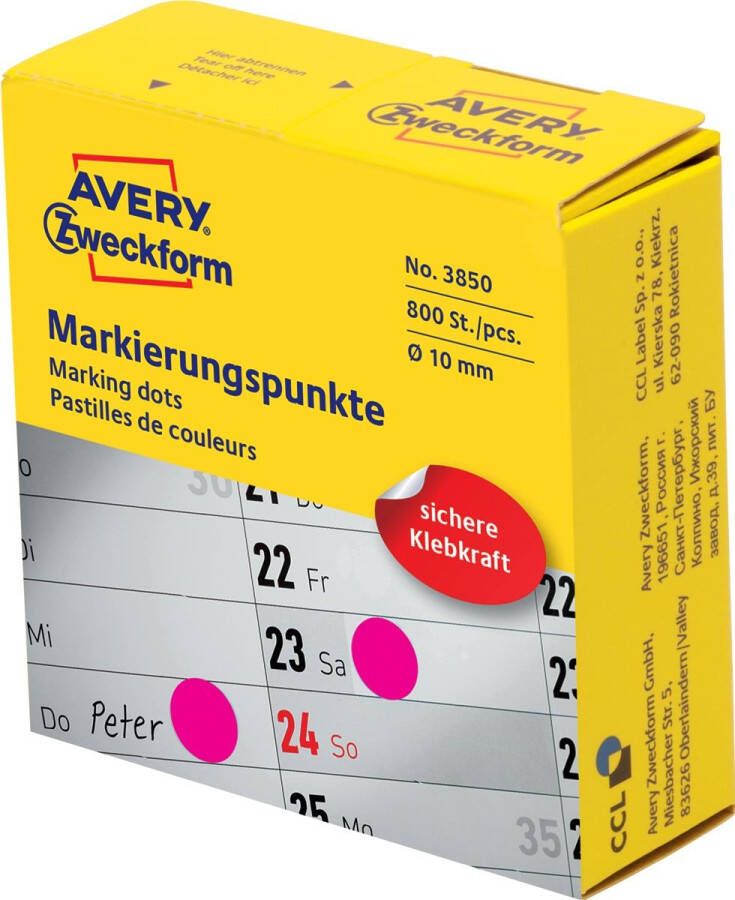 Avery Zweckform Avery marking dots diameter 10 mm rol met 800 stuks roze