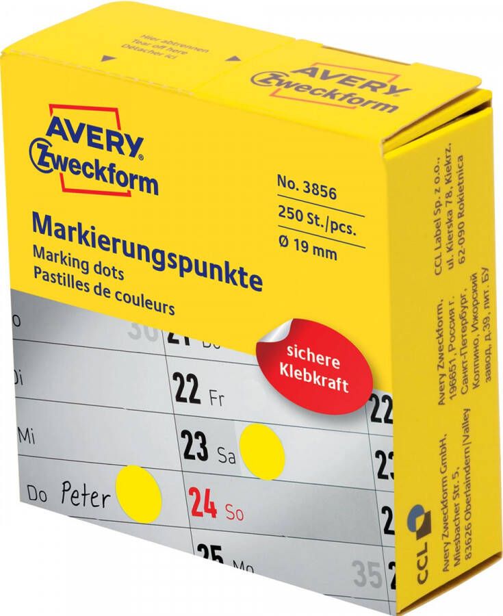 Avery Zweckform Avery marking dots diameter 19 mm rol met 250 stuks geel