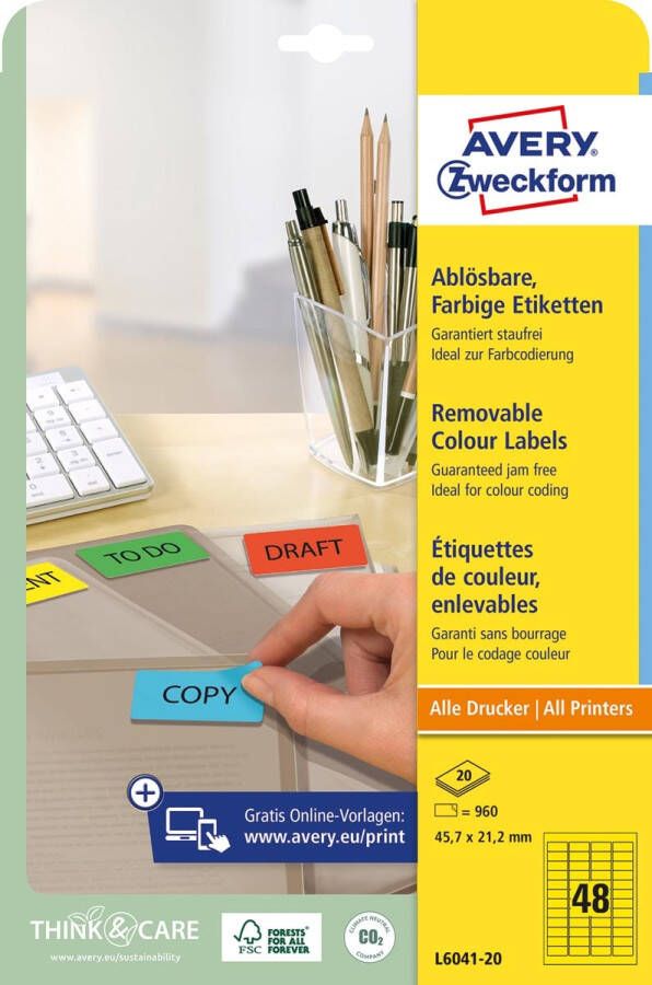 AVERY Gekleurde etiketten 45 7 x 21 2 mm geel Inkjetprinter Laserprinter Kopieerapparaat afneembaar L6041-20
