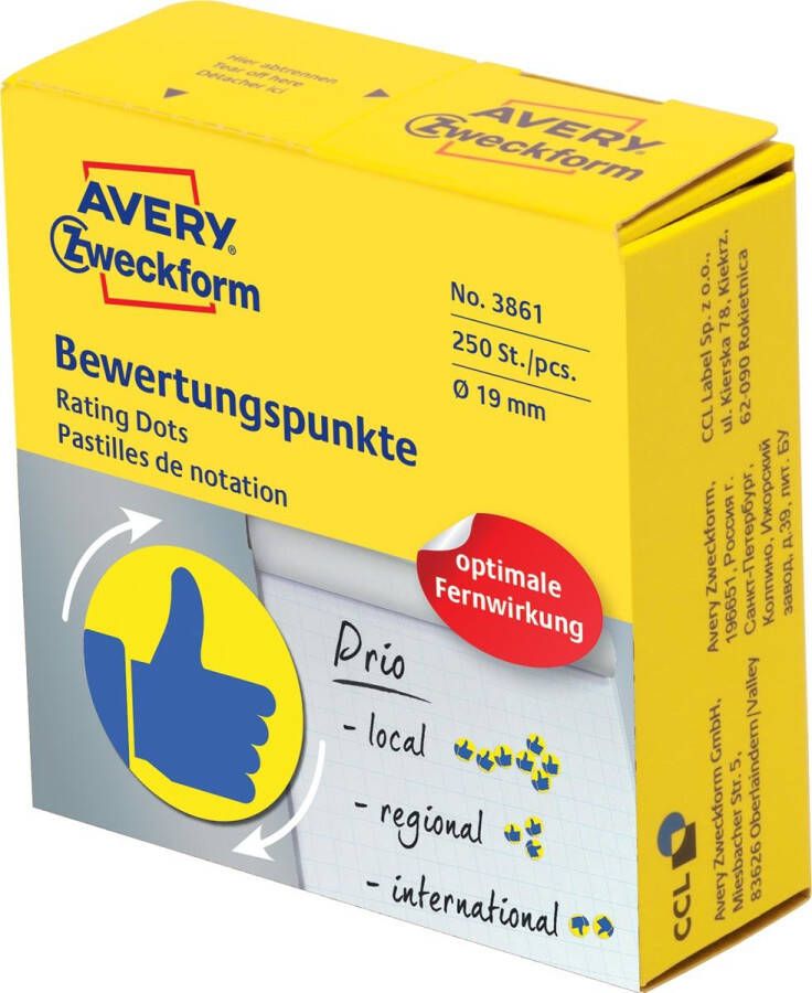 Avery Zweckform Avery rating dots diameter 19 mm rol met 250 stuks blauw geel duim