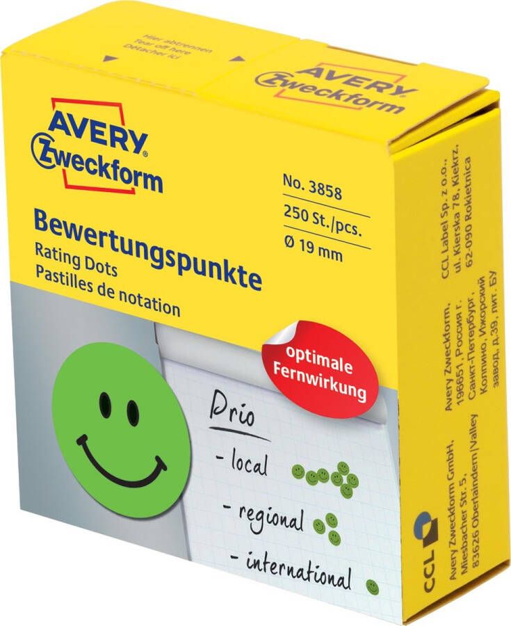 Avery Zweckform Avery rating dots diameter 19 mm rol met 250 stuks smiley groen