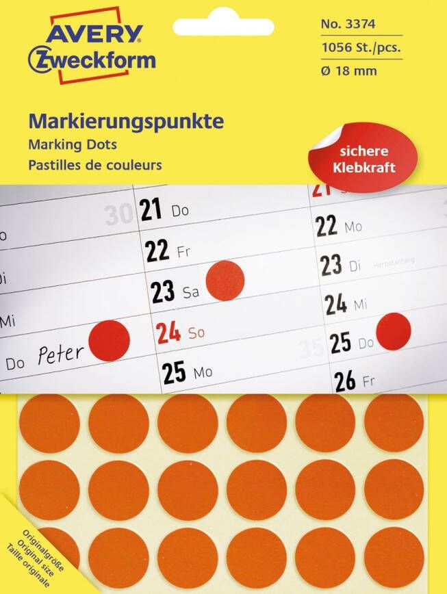Avery Zweckform Avery Ronde etiketten diameter 18 mm rood 1.056 stuks