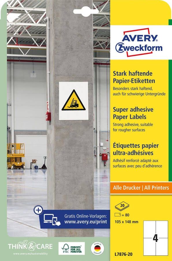 Avery Zweckform Avery sterk klevende papieren etiketten ft 105 x 148 mm pak van 80 etiketten