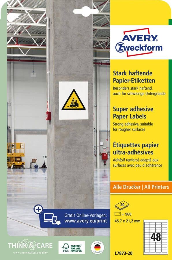 Avery Zweckform Avery sterk klevende papieren etiketten ft 45 7 x 21 2 mm pak van 960 etiketten