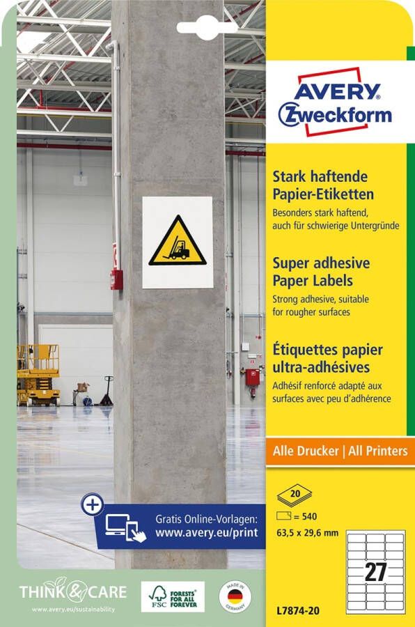 Avery Zweckform Avery sterk klevende papieren etiketten ft 63 5 x 29 6 mm pak van 540 etiketten