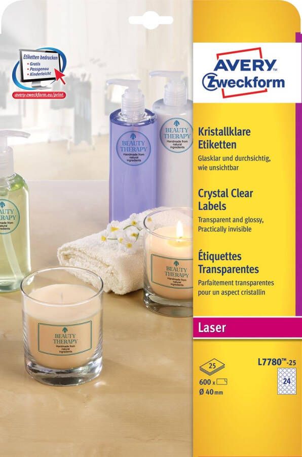 Avery Zweckform Avery transparante Crystal Clear etiketten diameter 40 mm 600 etiketten 24 per vel