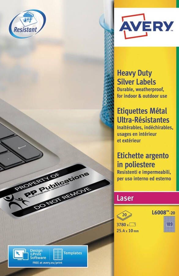 Avery Zweckform Avery ultra-sterke zilverkleurige etiketten ft 24 5 x 10 mm (b x h) 3.780 stuks 189 per blad