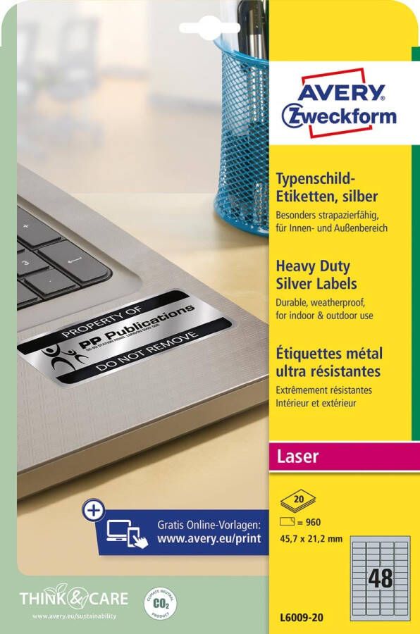 Avery Zweckform Avery ultra-sterke zilverkleurige etiketten ft 45 7 x 21 2 mm (b x h) 960 stuks 48 per blad