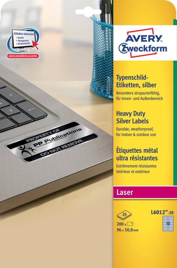 Avery Zweckform Avery ultra-sterke zilverkleurige etiketten ft 96 x 50 8 mm (b x h) 200 stuks 10 per blad