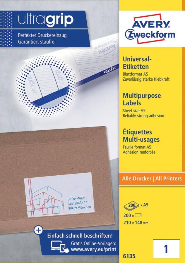 AVERY Universele etiketten 210 x 148 mm wit Inkjetprinter Laserprinter Kopieerapparaat permanent klevend 6135