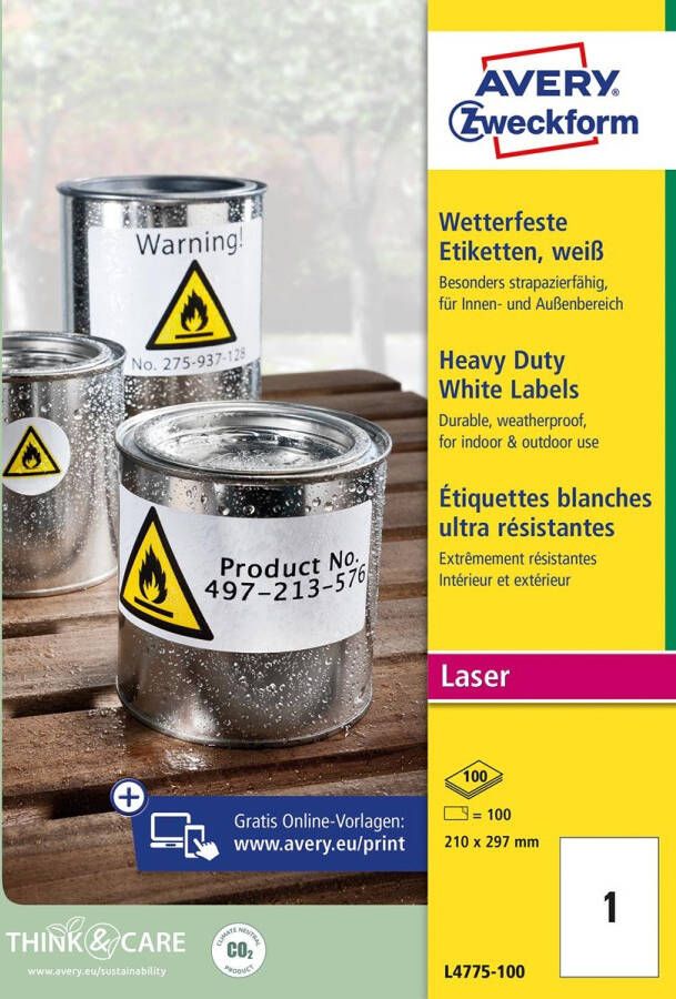 Avery Zweckform Avery weerbestendige etiketten ft 210 x 297 mm wit doos van 100 etiketten