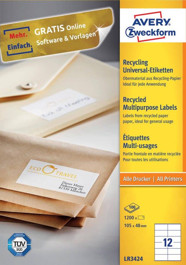 Avery Zweckform Avery Witte gerecycleerde universele etiketten ft 105 x 48 mm (b x h) 1.200 stuks 12 per blad
