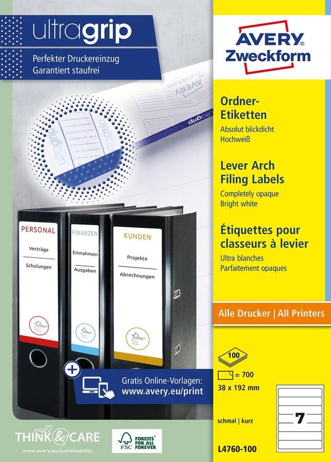 AVERY Ordnerrugetiketten 192 x 38 mm wit Inkjetprinter Laserprinter Kopieerapparaat permanent klevend L4760-100