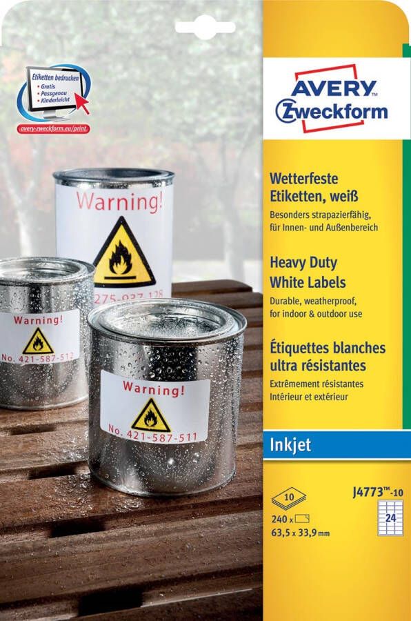 Avery Zweckform J4773-10 weerbestendige etiketten ft 63 5 x 33 9 mm (b x h) 2.400 etiketten wit