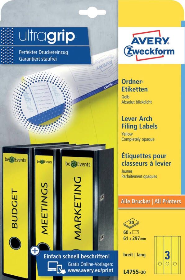 AVERY Ordnerrugetiketten 61 x 297 mm geel Inkjetprinter Laserprinter Kopieerapparaat permanent klevend L4755-20