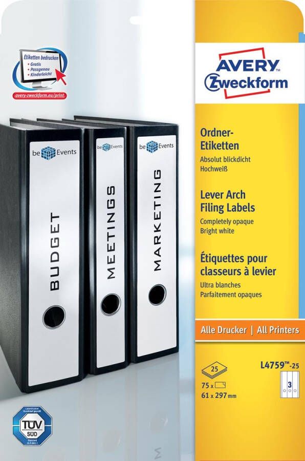AVERY Ordnerrugetiketten 61 x 297 mm wit Inkjetprinter Laserprinter Kopieerapparaat permanent klevend L4759-25