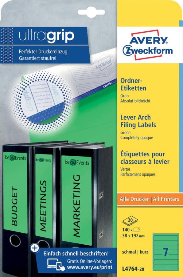 AVERY Ordnerrugetiketten 192 x 38 mm groen Inkjetprinter Laserprinter Kopieerapparaat permanent klevend L4764-20