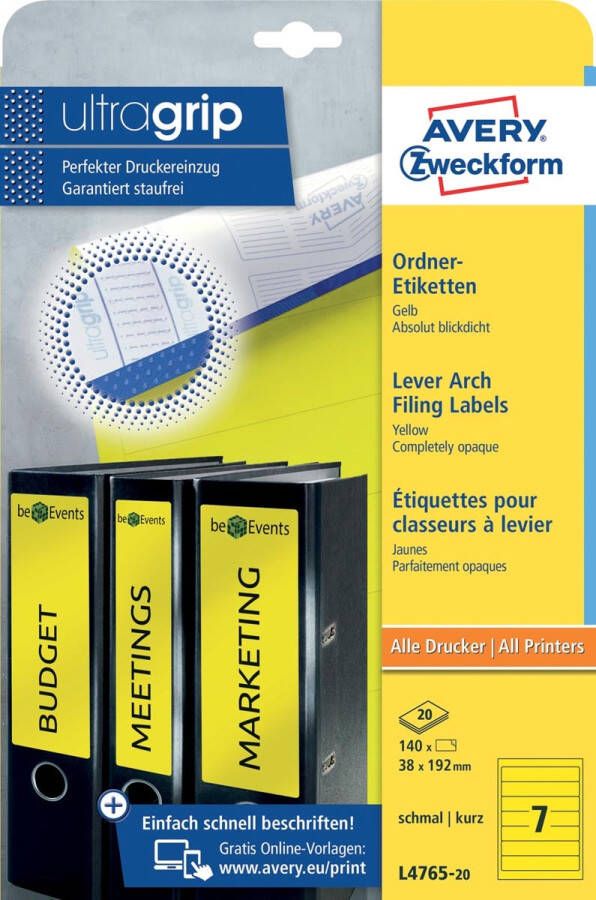 AVERY Ordnerrugetiketten 192 x 38 mm geel Inkjetprinter Laserprinter Kopieerapparaat permanent klevend L4765-20