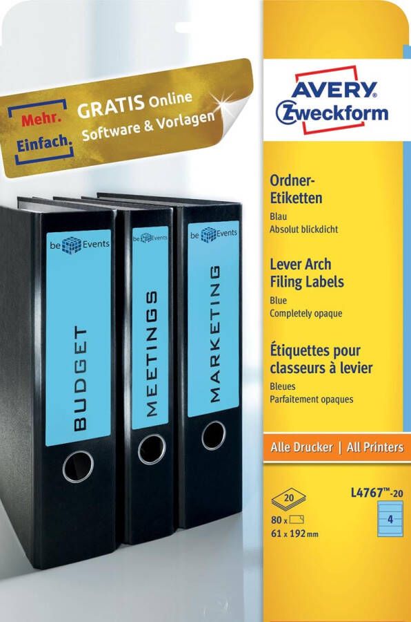 AVERY Ordnerrugetiketten 192 x 61 mm blauw Inkjetprinter Laserprinter Kopieerapparaat permanent klevend L4767-20