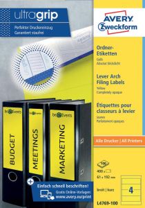 AVERY Ordnerrugetiketten 192 x 61 mm geel Inkjetprinter Laserprinter Kopieerapparaat permanent klevend L4769-100