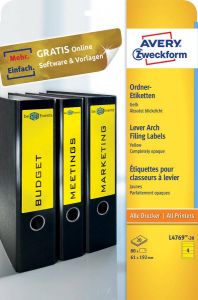 AVERY Ordnerrugetiketten 192 x 61 mm geel Inkjetprinter Laserprinter Kopieerapparaat permanent klevend L4769-20