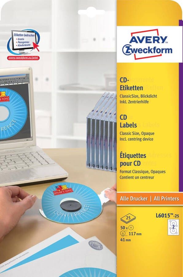 AVERY CD etiketten Ã 117 mm wit Inkjetprinter Laserprinter Kopieerapparaat permanent klevend L6015-25