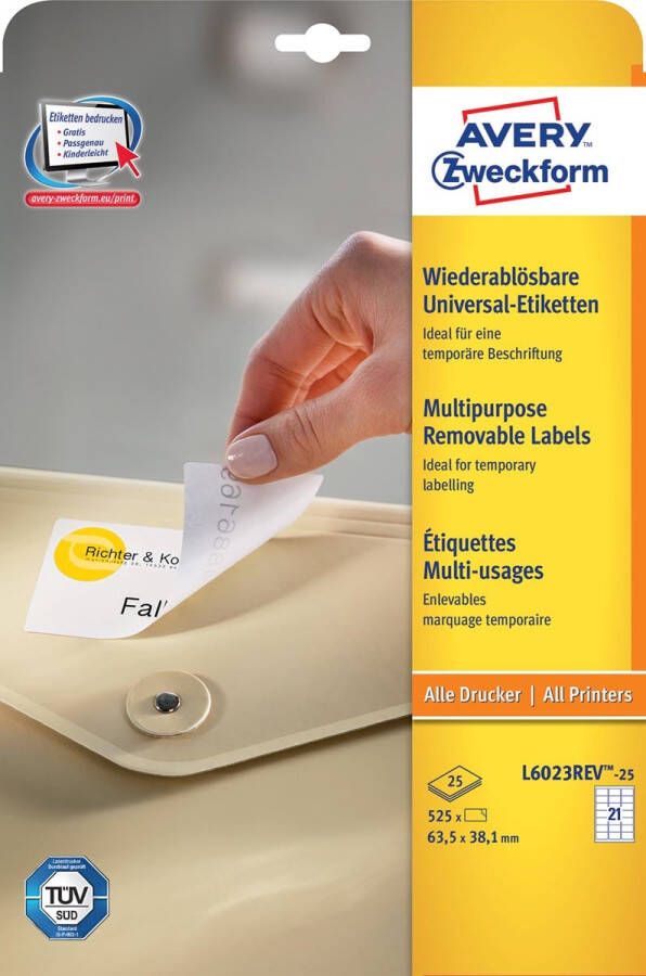 AVERY Afneembare etiketten 63 5 x 38 1 mm wit Inkjetprinter Laserprinter Kopieerapparaat afneembaar L6023REV-25