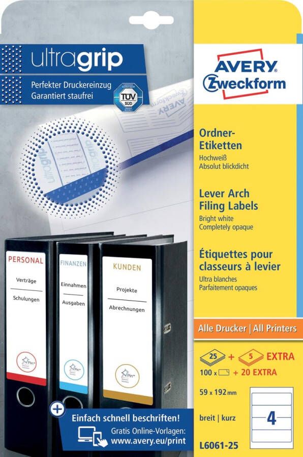 AVERY Ordnerrugetiketten 192 x 59 mm wit Inkjetprinter Laserprinter Kopieerapparaat permanent klevend L6061-25
