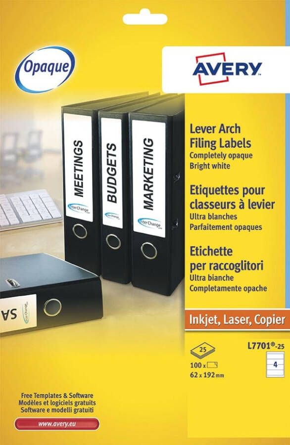 AVERY Ordnerrugetiketten 192 x 62 mm wit Inkjetprinter Laserprinter Kopieerapparaat permanent klevend L7701-25